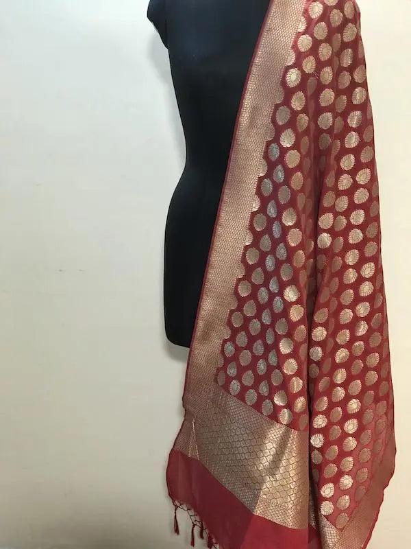 Classic Red Handwoven Banarasi Silk Dupatta - Shades Of Benares