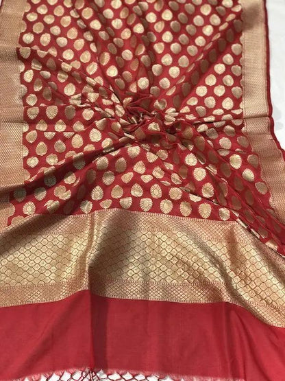 Classic Red Handwoven Banarasi Silk Dupatta by Shades Of Benares - banarasi - banarasi saree shop