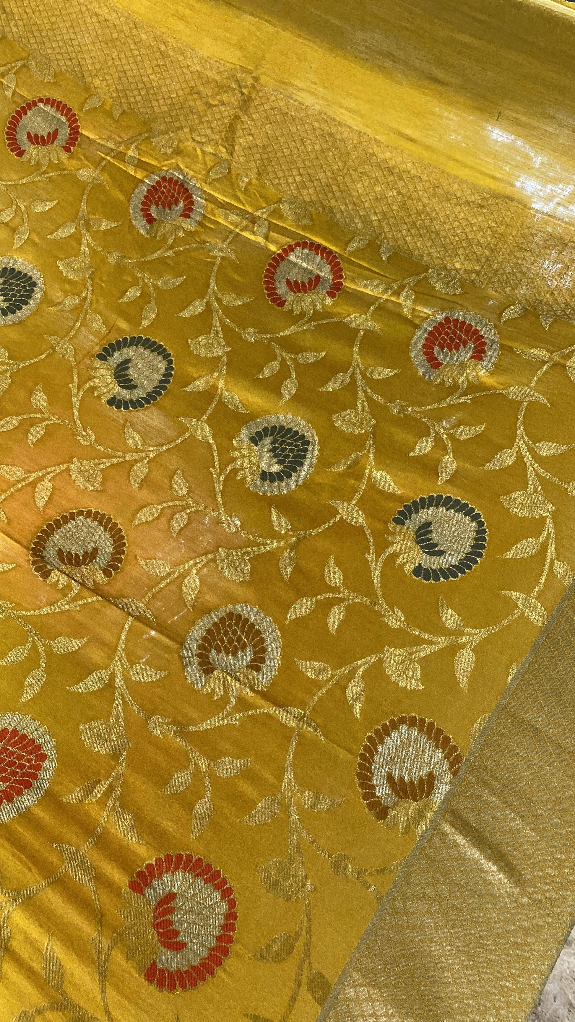 Classic Yellow Pure Banarasi Moonga Silk Handloom Khaddi Dupatta by Shades Of Benares - banarasi - banarasi saree shop