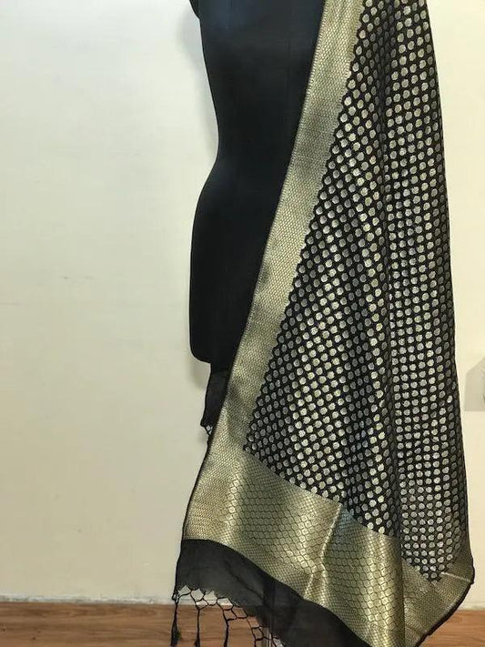 Classy Black Handwoven Banarasi Silk Dupatta by Shades Of Benares - banarasi - banarasi saree shop