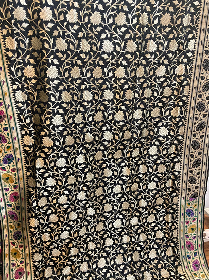 Classy Black Pure Banarasi Katan Silk Handloom Kadhwa Paithani Saree by Shades Of Benares - banarasi - banarasi saree shop