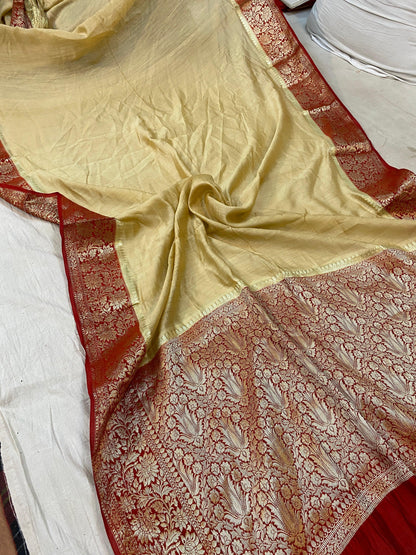 Creme Pure Banarasi Katan Silk Handloom Saree - Kadhwa Border & Pallu by Shades Of Benares - banarasi - banarasi saree shop