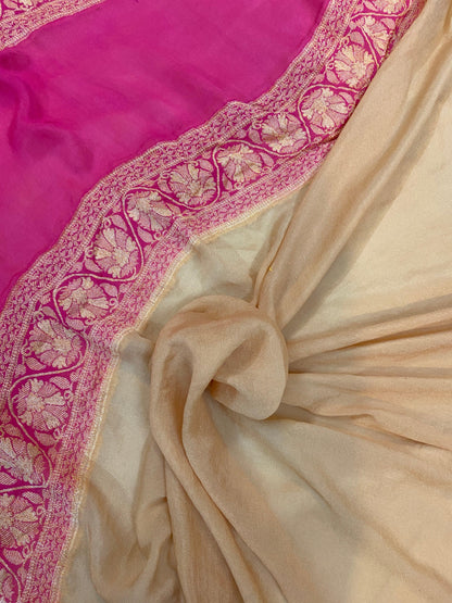 Creme Pure Banarasi Khaddi Georgette Handloom Saree - Rangkaat by Shades Of Benares - banarasi - banarasi saree shop