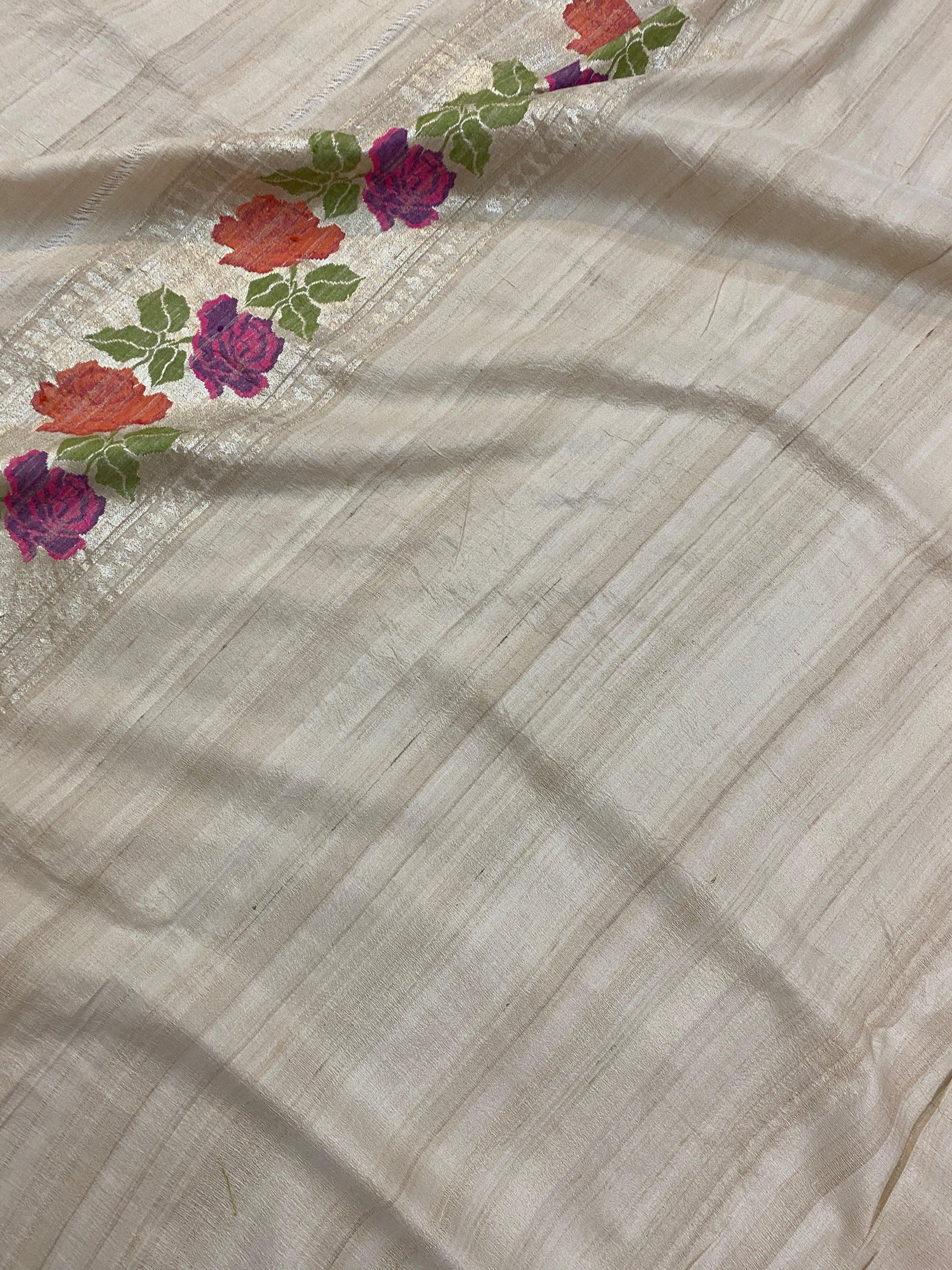 Creme Pure Banarasi Tussar silk handloom Khaddi saree with blouse piece by Shades Of Benares - banarasi - banarasi saree shop