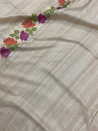 Creme Pure Banarasi Tussar silk handloom Khaddi saree with blouse piece by Shades Of Benares - banarasi - banarasi saree shop