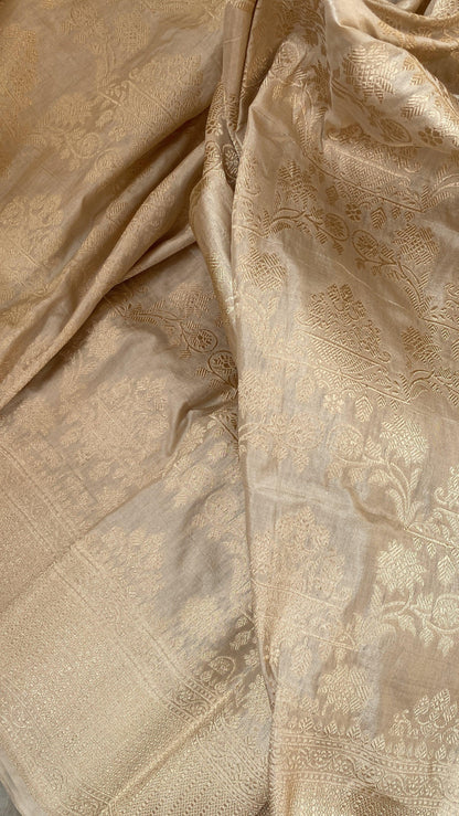 Creme Pure Katan Silk Handloom Banarasi Saree by Shades Of Benares - banarasi - banarasi saree shop