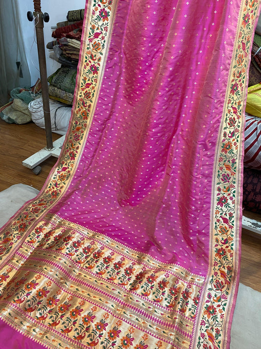 Cute Pink Pure Banarasi Katan Silk Handloom Pathani Saree by Shades Of Benares - banarasi - banarasi saree shop