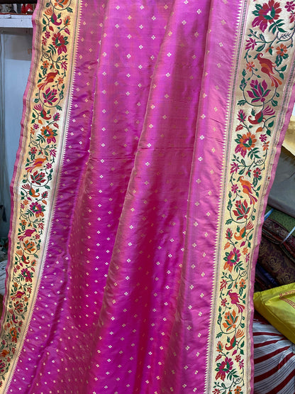 Cute Pink Pure Banarasi Katan Silk Handloom Pathani Saree by Shades Of Benares - banarasi - banarasi saree shop