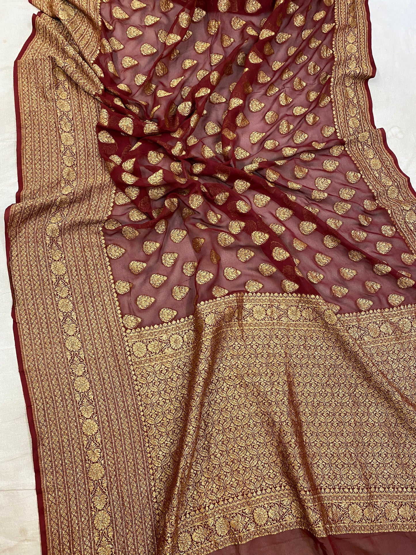 Deep Maroon Pure Banarasi Khaddi Georgette Handloom Saree by Shades Of Benares - banarasi - banarasi saree shop