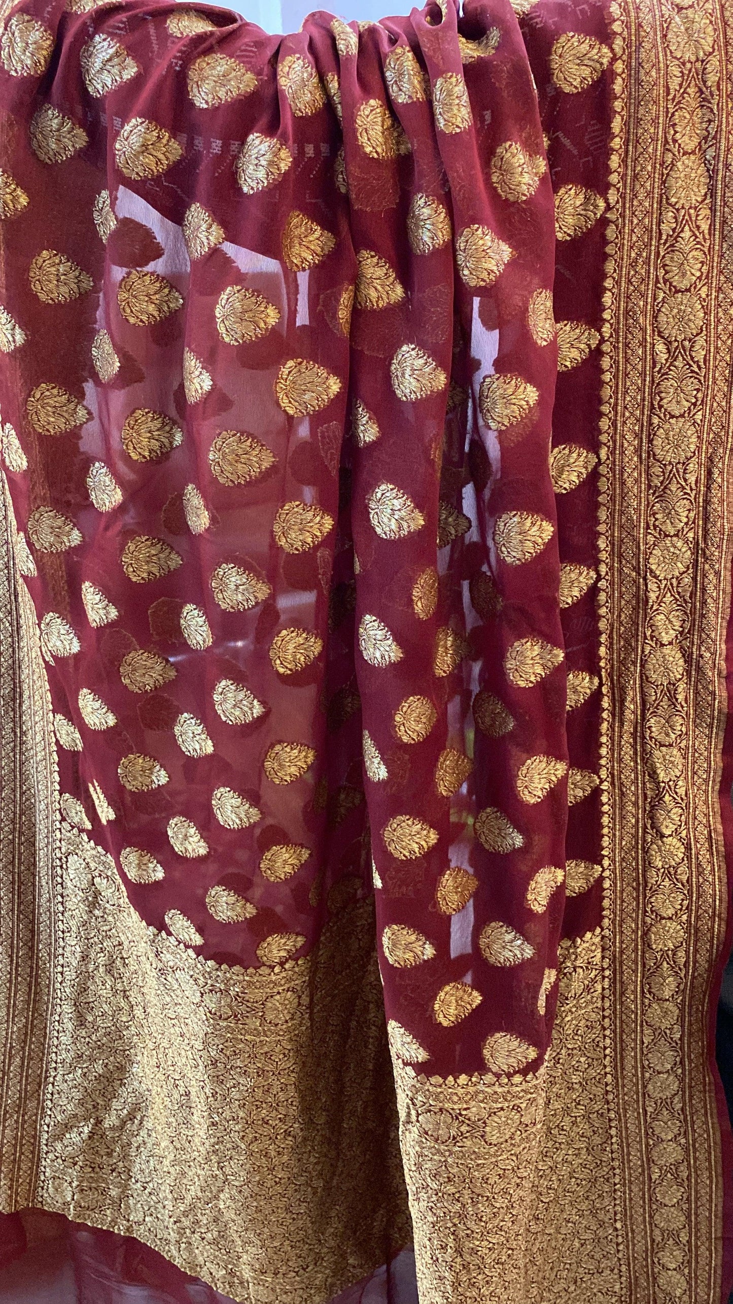 Deep Maroon Pure Banarasi Khaddi Georgette Handloom Saree by Shades Of Benares - banarasi - banarasi saree shop