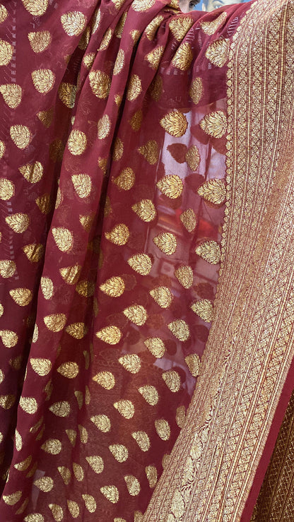 Deep Maroon Pure Banarasi Khaddi Georgette Handloom Saree by Shades Of Benares - banarasi - banarasi saree shop