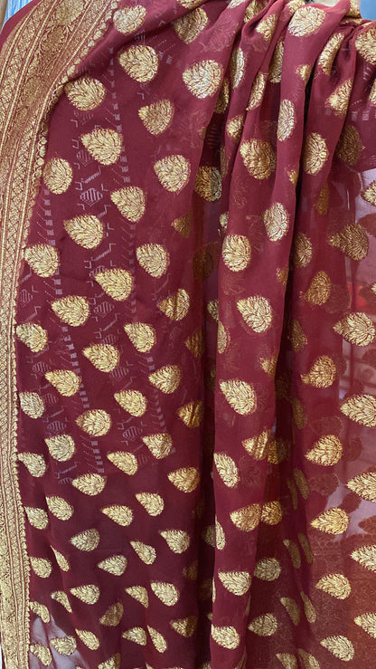 Deep Maroon Pure Banarasi Khaddi Georgette Handloom Saree by Shades Of Benares - banarasi - banarasi saree shop