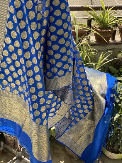 Designer Blue Handloom Banarasi Silk Dupatta: Elevate Your Wedding and Party Attire by Shades Of Benares - banarasi - banarasi saree shop