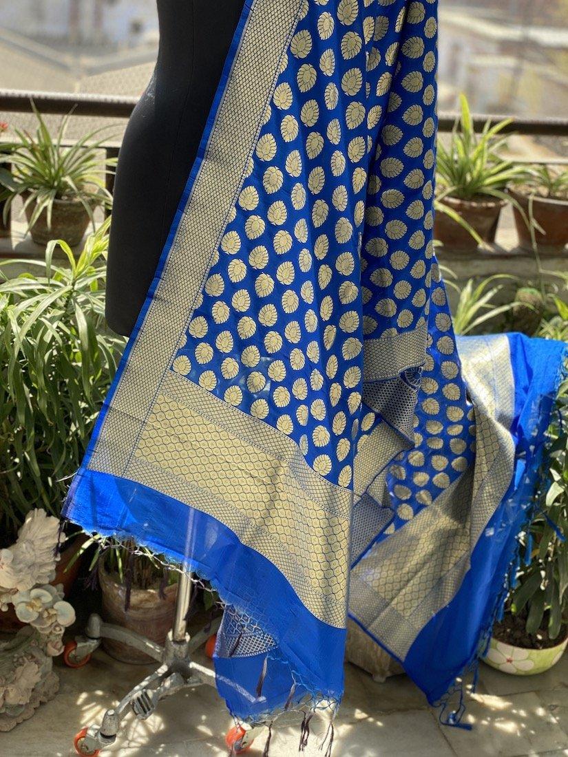 Designer Blue Handloom Banarasi Silk Dupatta: Elevate Your Wedding and Party Attire by Shades Of Benares - banarasi - banarasi saree shop