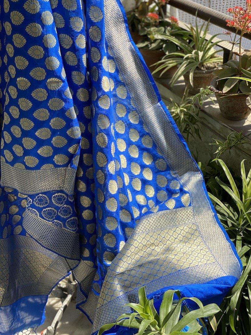 Designer Blue Handloom Banarasi Silk Dupatta: Elevate Your Wedding and Party Attire by Shades Of Benares - banarasi - banarasi saree shop