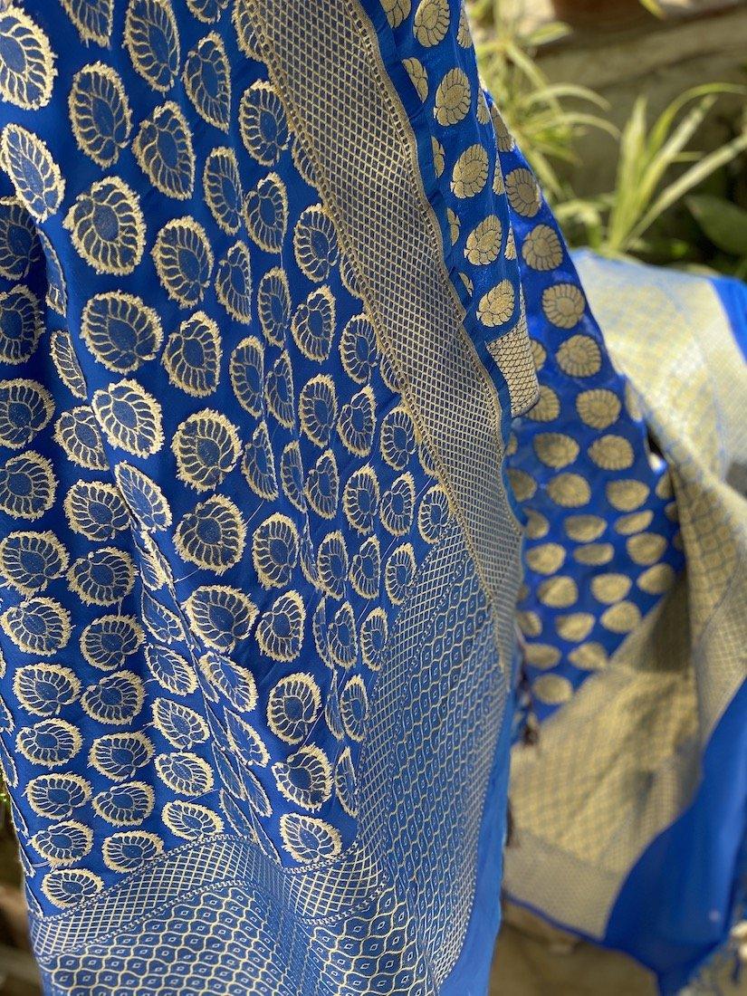 Designer Blue Handloom Banarasi Silk Dupatta: Elevate Your Wedding and Party Attire by Shades Of Benares - banarasi - banarasi saree shop