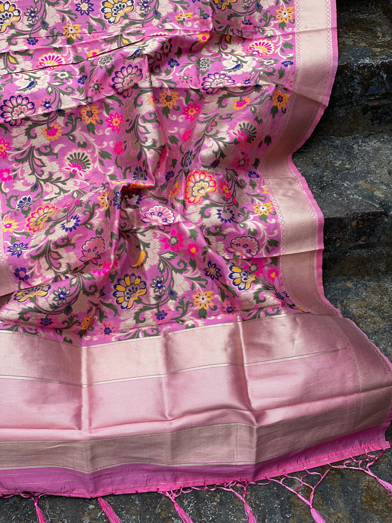 Elegant Baby Pink Minakari Handloom Banarasi Silk Dupatta: Elevate Your Party and Festive Attire - Shades Of Benares