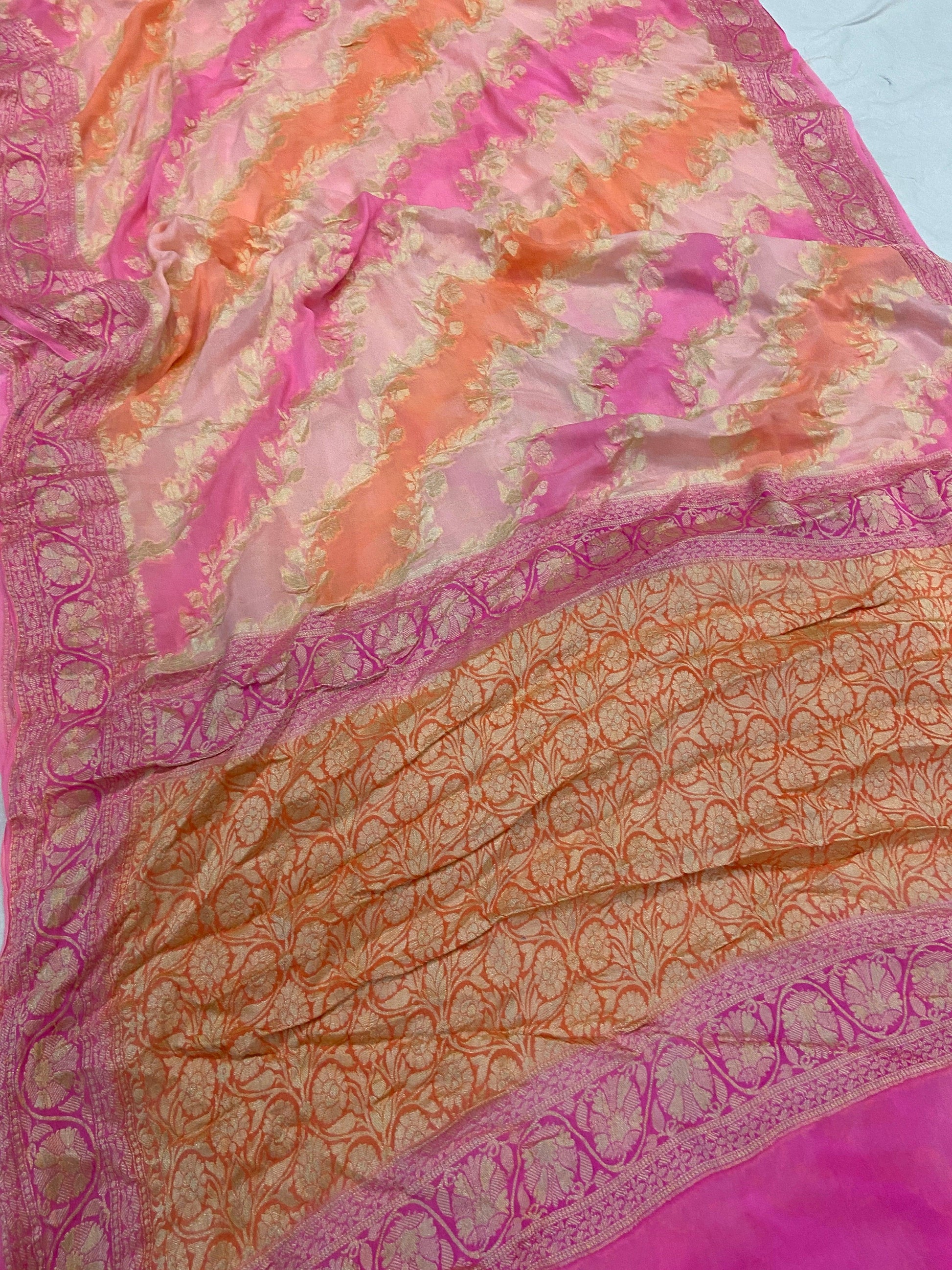 Elegant Baby Pink Pure Banarasi Khaddi Georgette Handloom Saree with Golden Zari Weaving by Shades Of Benares - banarasi - banarasi saree shop