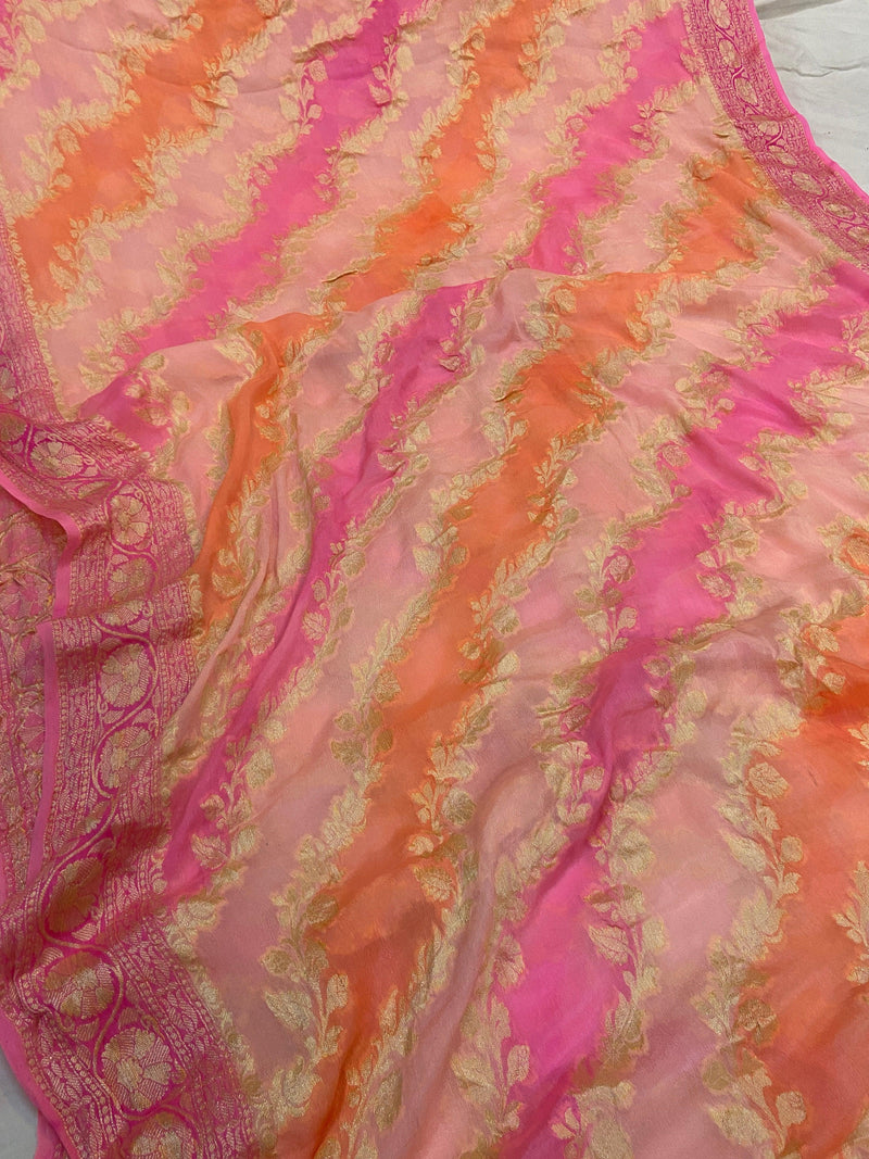 Elegant Baby Pink Pure Banarasi Khaddi Georgette Handloom Saree with Golden Zari Weaving by Shades Of Benares - banarasi - banarasi saree shop