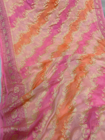 Elegant Baby Pink Pure Banarasi Khaddi Georgette Handloom Saree with Golden Zari Weaving by Shades Of Benares - banarasi - banarasi saree shop