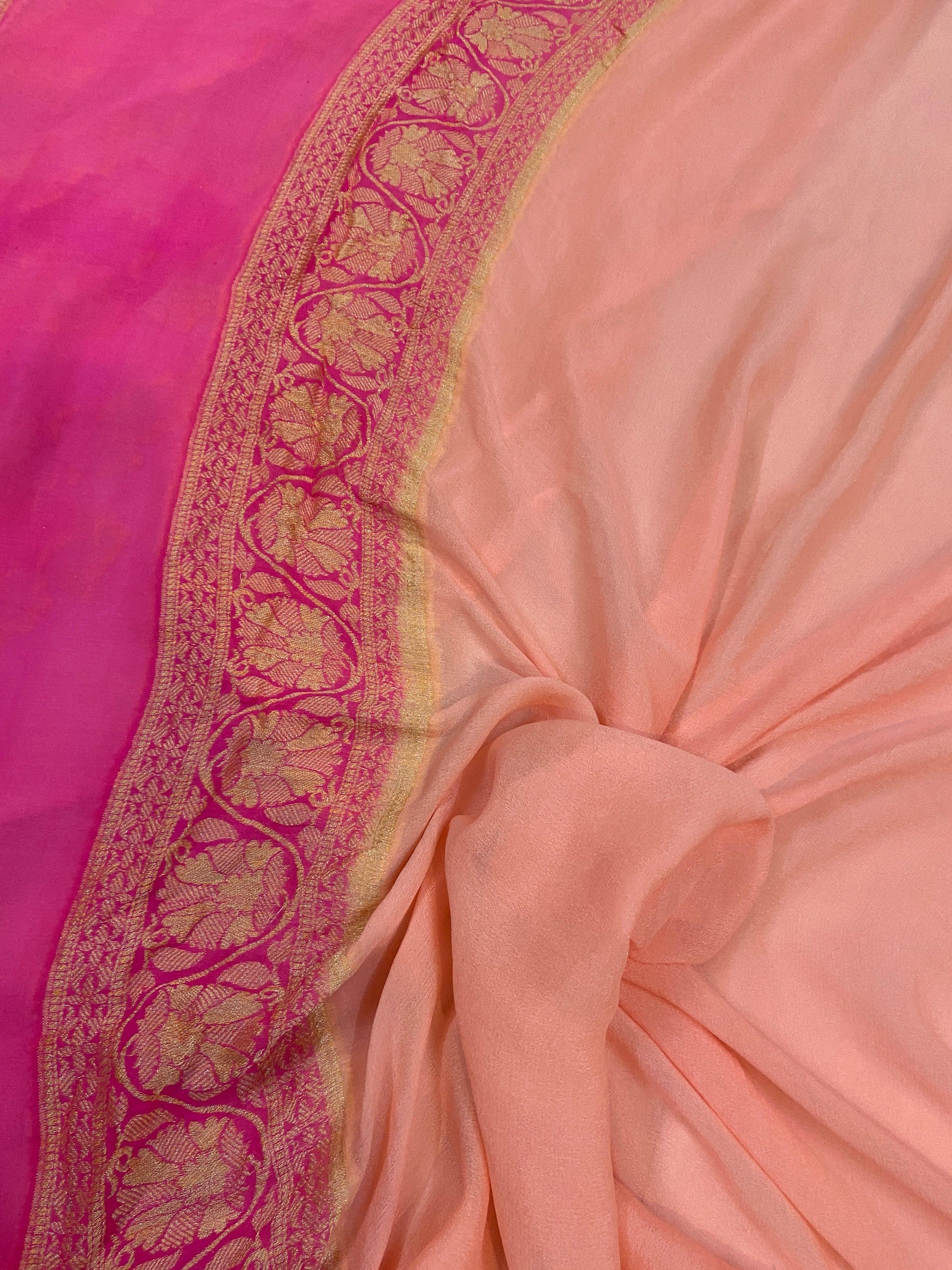 Elegant Baby Pink Pure Banarasi Khaddi Georgette Handloom Saree with Golden Zari Weaving by Shades Of Benares - banarasi - banarasi saree shop