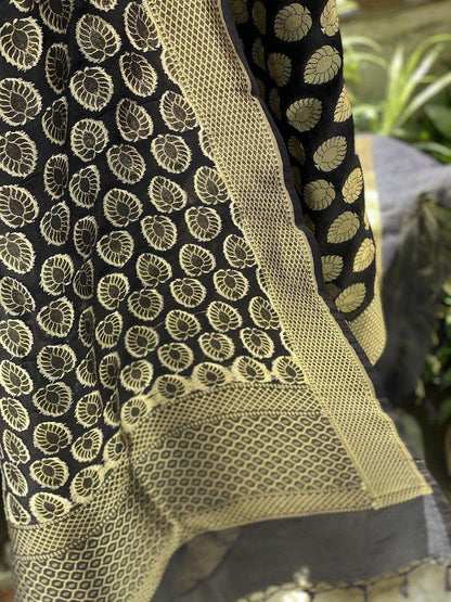 Exquisite Black Handloom Banarasi Silk Dupatta: Elevate Your Wedding and Party Attire by Shades Of Benares - banarasi - banarasi saree shop