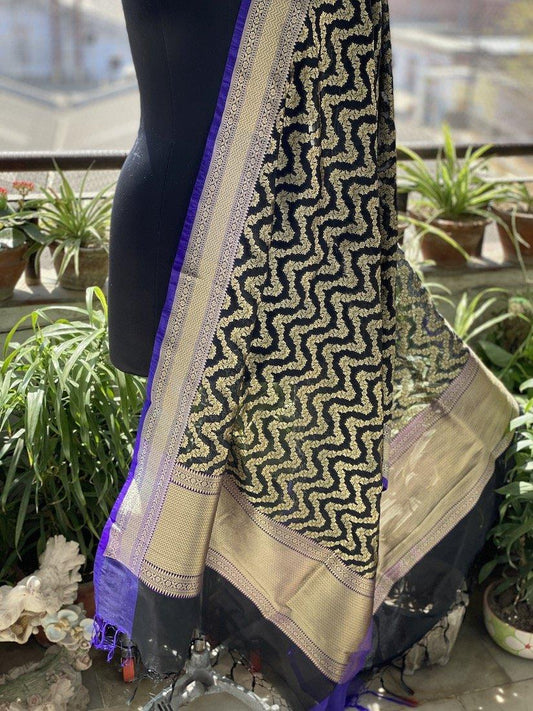 Exquisite Black Minakari Handloom Banarasi Silk Dupatta: Elevate Your Party Attire by Shades Of Benares - banarasi - banarasi saree shop