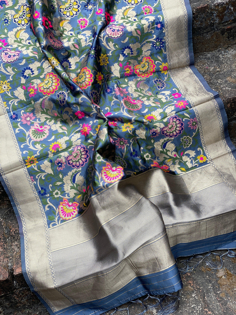 Exquisite Blue Minakari Handloom Banarasi Silk Dupatta: Elevate Your Designer Attire - Shades Of Benares