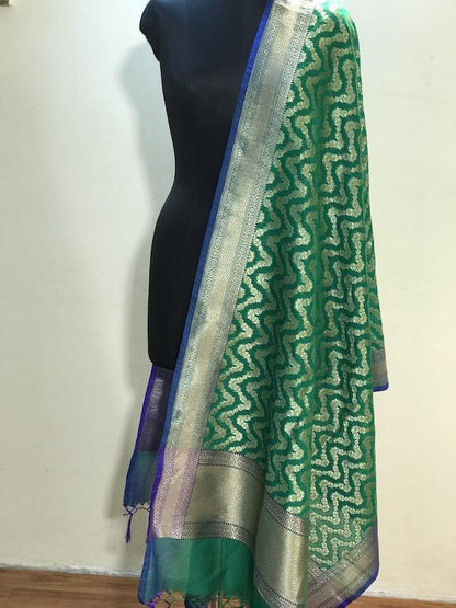 Exquisite Green Handloom Banarasi Silk Dupatta: Elevate Your Attire with Opulent Woven Work by Shades Of Benares - banarasi - banarasi saree shop