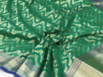 Exquisite Green Handloom Banarasi Silk Dupatta: Elevate Your Attire with Opulent Woven Work by Shades Of Benares - banarasi - banarasi saree shop