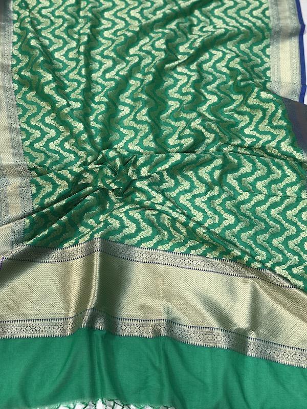 Exquisite Green Handloom Banarasi Silk Dupatta: Elevate Your Attire with Opulent Woven Work - Shades Of Benares