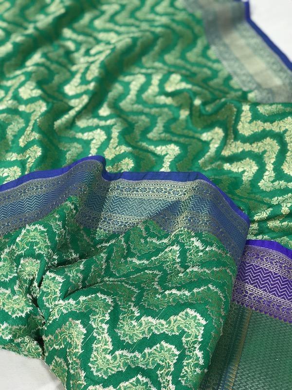 Exquisite Green Handloom Banarasi Silk Dupatta: Elevate Your Attire with Opulent Woven Work - Shades Of Benares