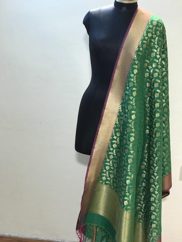 Exquisite Green Handloom Banarasi Silk Dupatta by Shades Of Benares - banarasi - banarasi saree shop