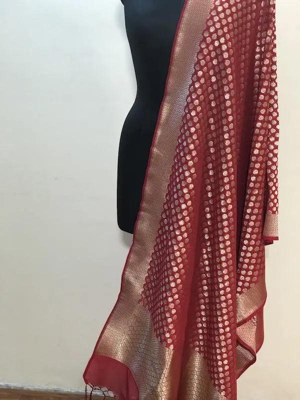 Exquisite Maroon Handwoven Banarasi Silk Dupatta by Shades Of Benares - banarasi - banarasi saree shop