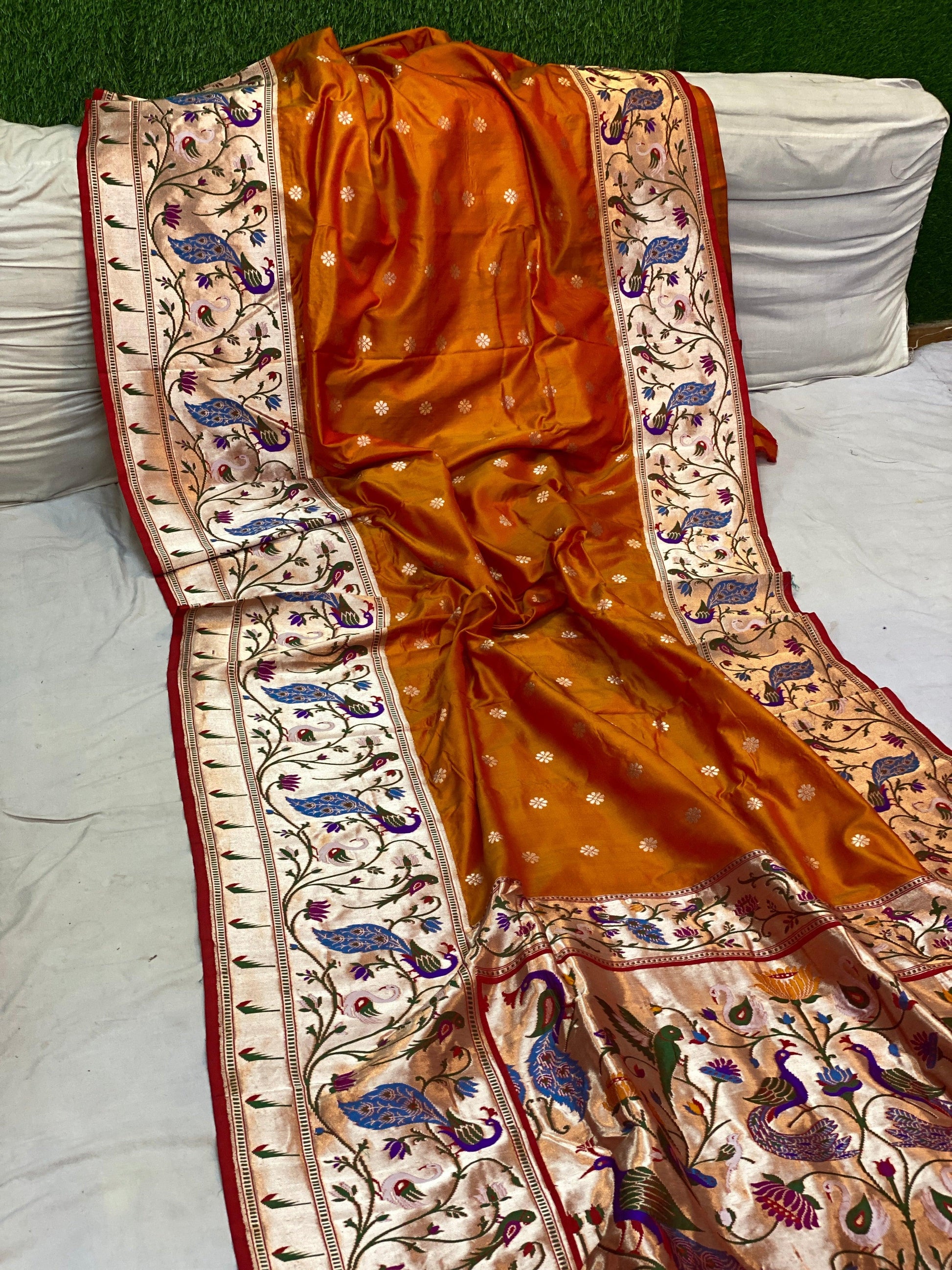 Fiery Orange Pure Banarasi Katan Silk Handloom Saree- Kadhwa Paithani by Shades Of Benares - banarasi - banarasi saree shop