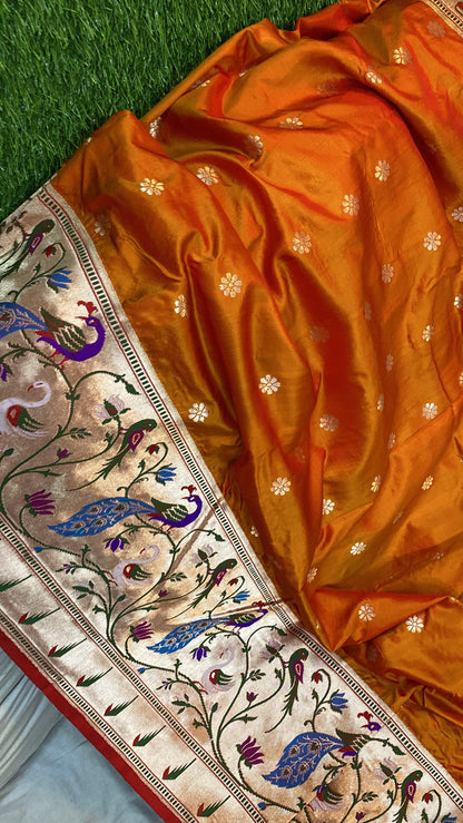 Fiery Orange Pure Banarasi Katan Silk Handloom Saree- Kadhwa Paithani by Shades Of Benares - banarasi - banarasi saree shop