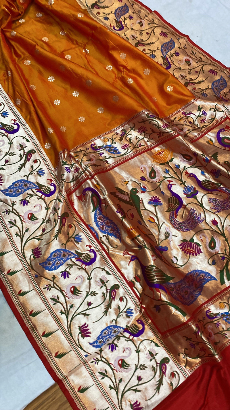 Fiery Orange Pure Banarasi Katan Silk Handloom Saree- Kadhwa Paithani - Shades Of Benares