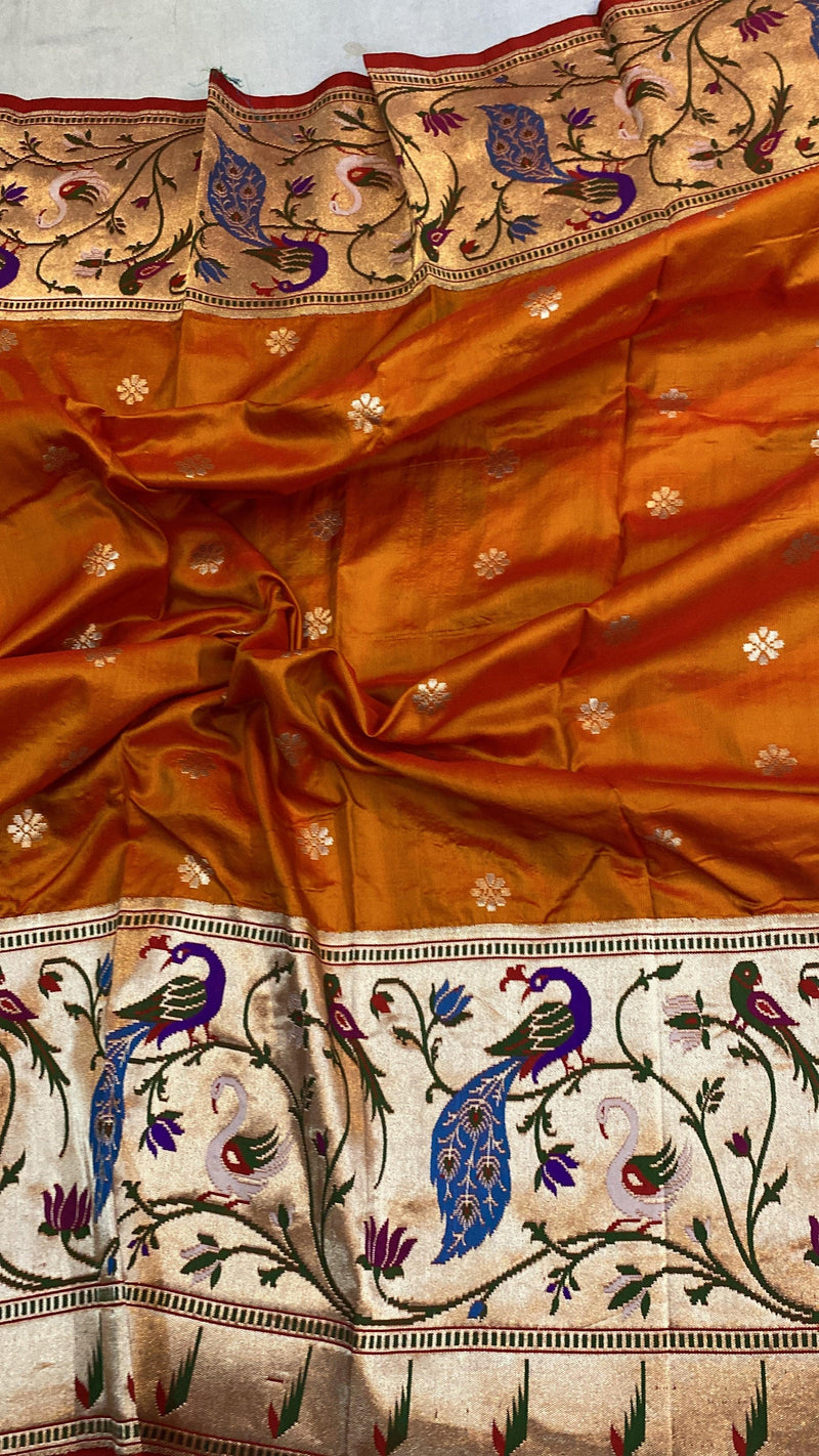 Fiery Orange Pure Banarasi Katan Silk Handloom Saree- Kadhwa Paithani - Shades Of Benares