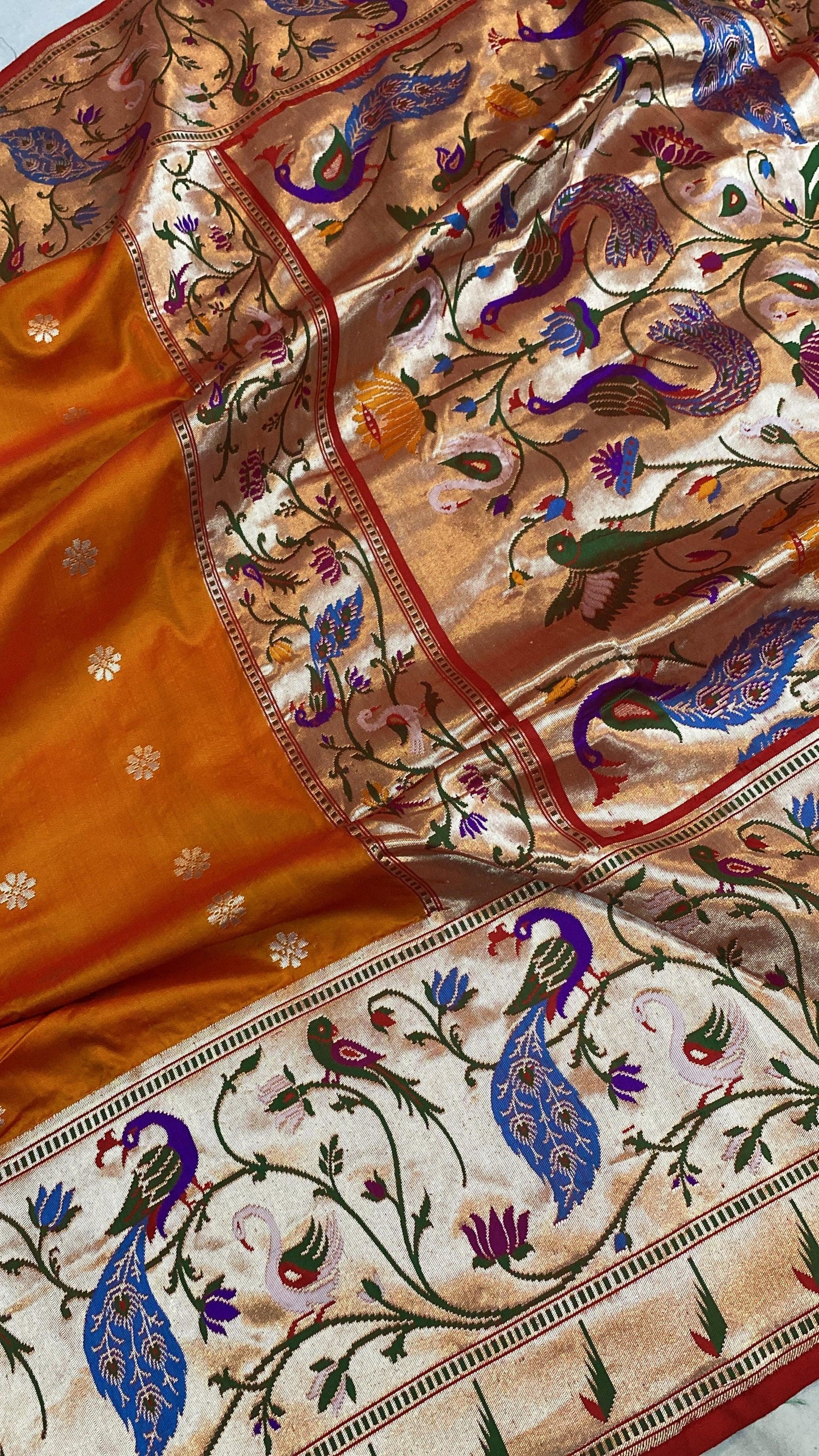 Fiery Orange Pure Banarasi Katan Silk Handloom Saree- Kadhwa Paithani by Shades Of Benares - banarasi - banarasi saree shop