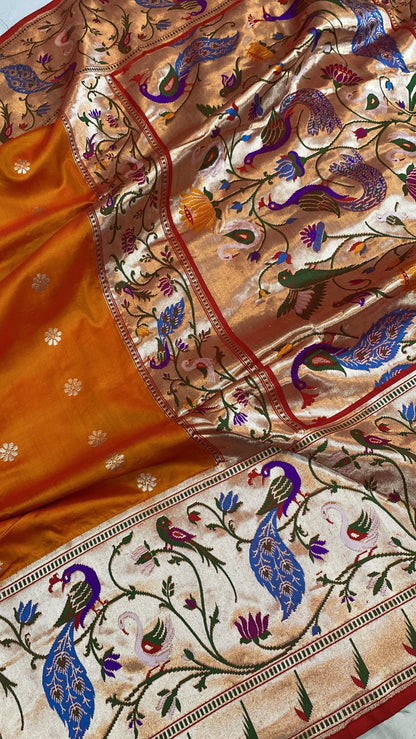 Fiery Orange Pure Banarasi Katan Silk Handloom Saree- Kadhwa Paithani by Shades Of Benares - banarasi - banarasi saree shop