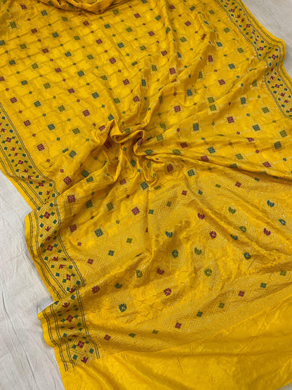 Fine Yellow Banarasi Katan Soft Silk Handloom Saree by Shades Of Benares - banarasi - banarasi saree shop