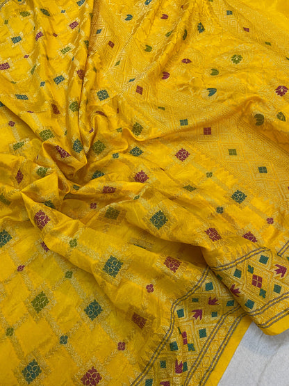 Fine Yellow Banarasi Katan Soft Silk Handloom Saree by Shades Of Benares - banarasi - banarasi saree shop