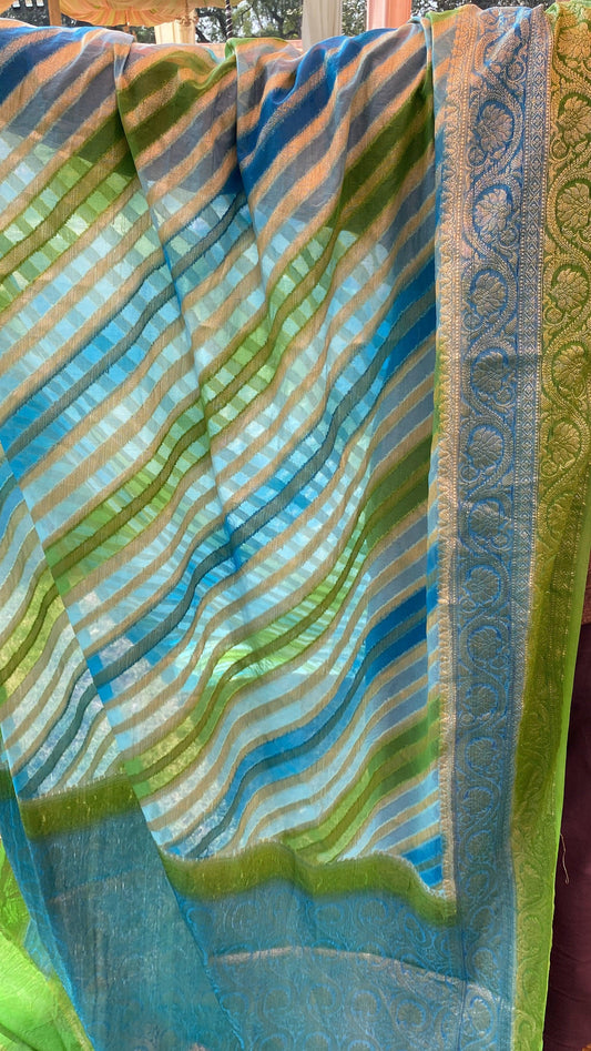 Green & Blue Pure Banarasi Khaddi Georgette Handloom Leheriya Saree by Shades Of Benares - banarasi - banarasi saree shop