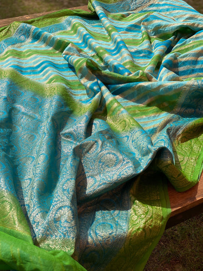 Green & Blue Pure Banarasi Khaddi Georgette Handloom Leheriya Saree by Shades Of Benares - banarasi - banarasi saree shop