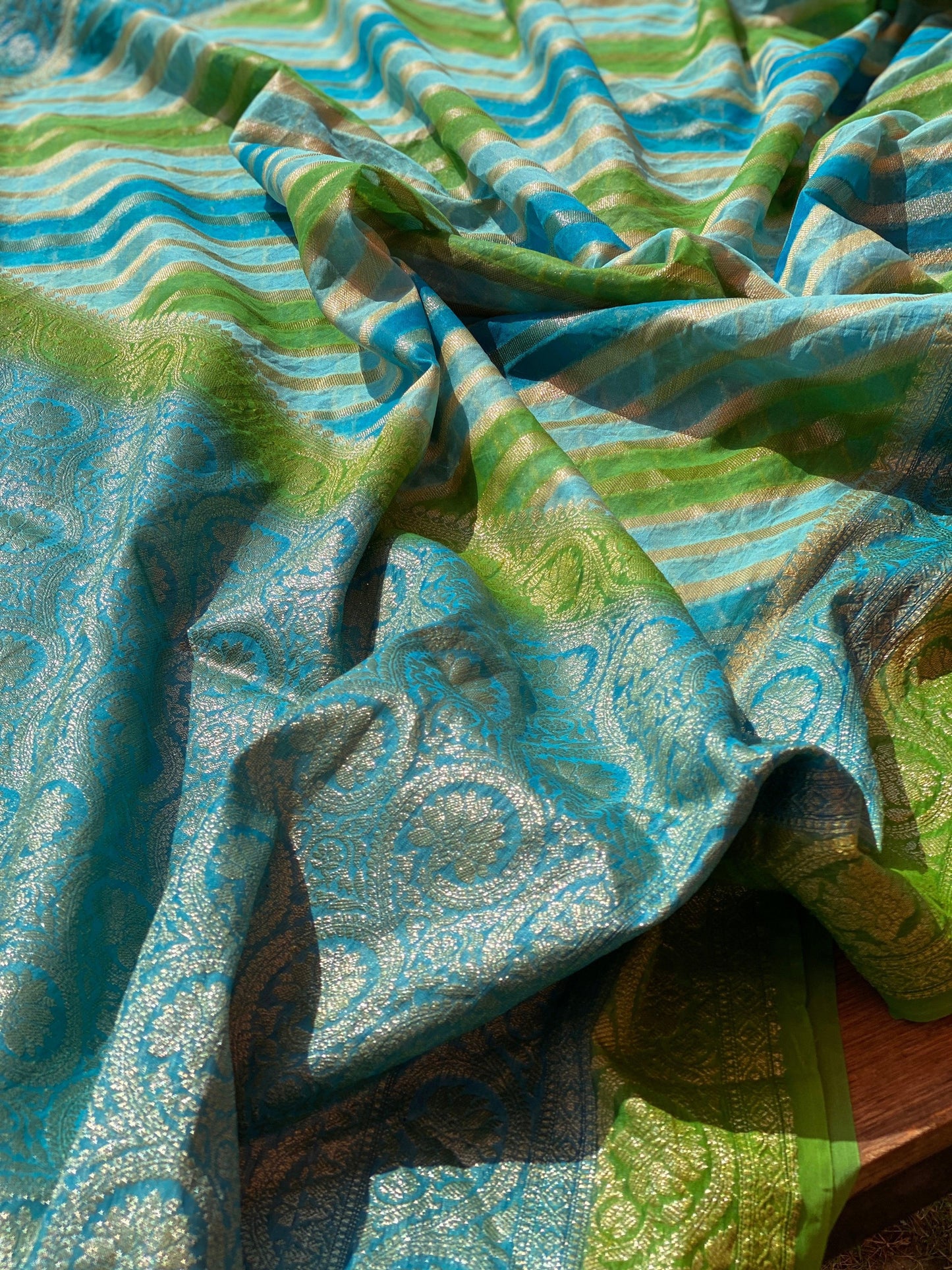 Green & Blue Pure Banarasi Khaddi Georgette Handloom Leheriya Saree by Shades Of Benares - banarasi - banarasi saree shop