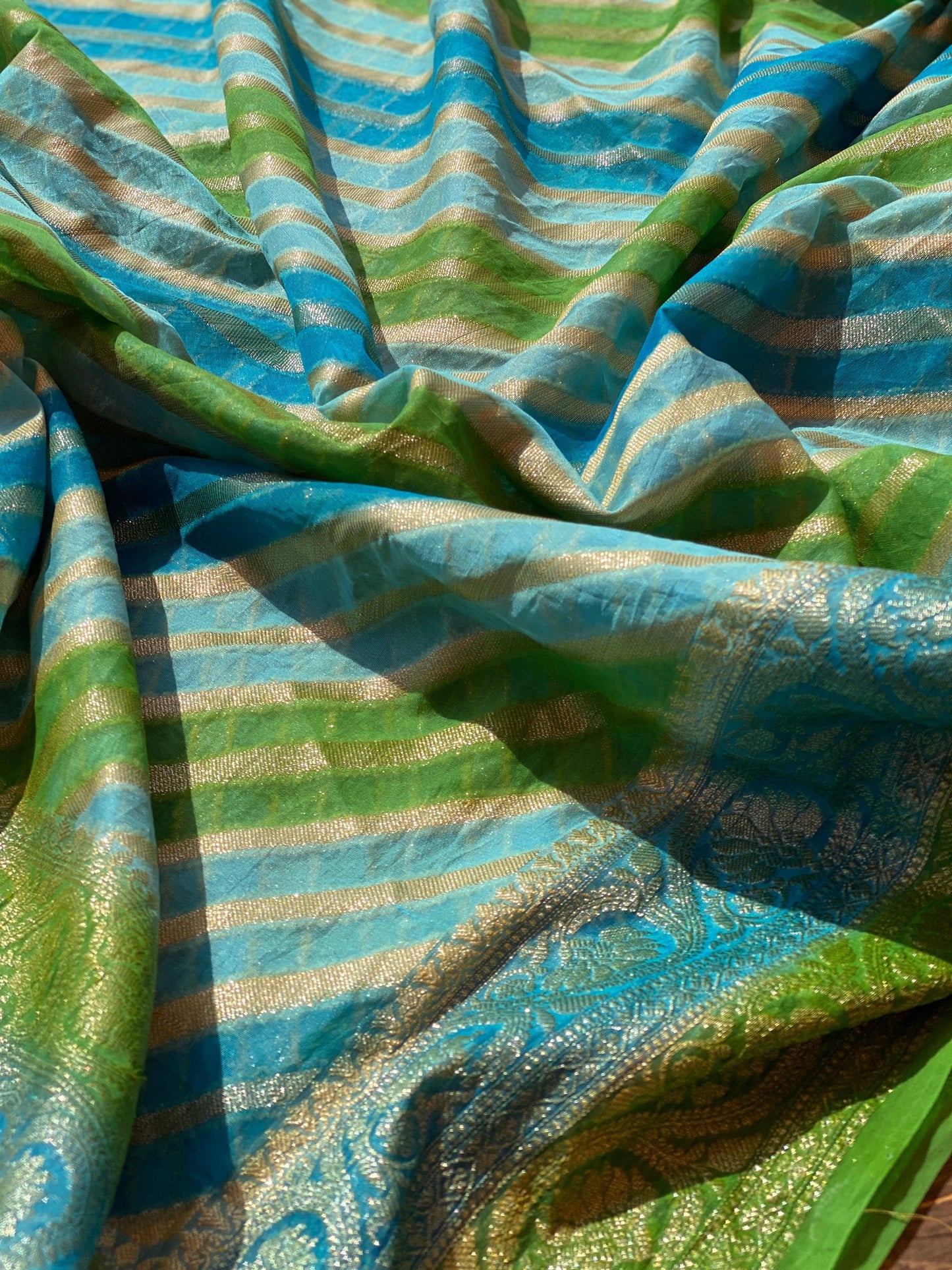 Green & Blue Pure Banarasi Khaddi Georgette Handloom Leheriya Saree by Shades Of Benares - banarasi - banarasi saree shop