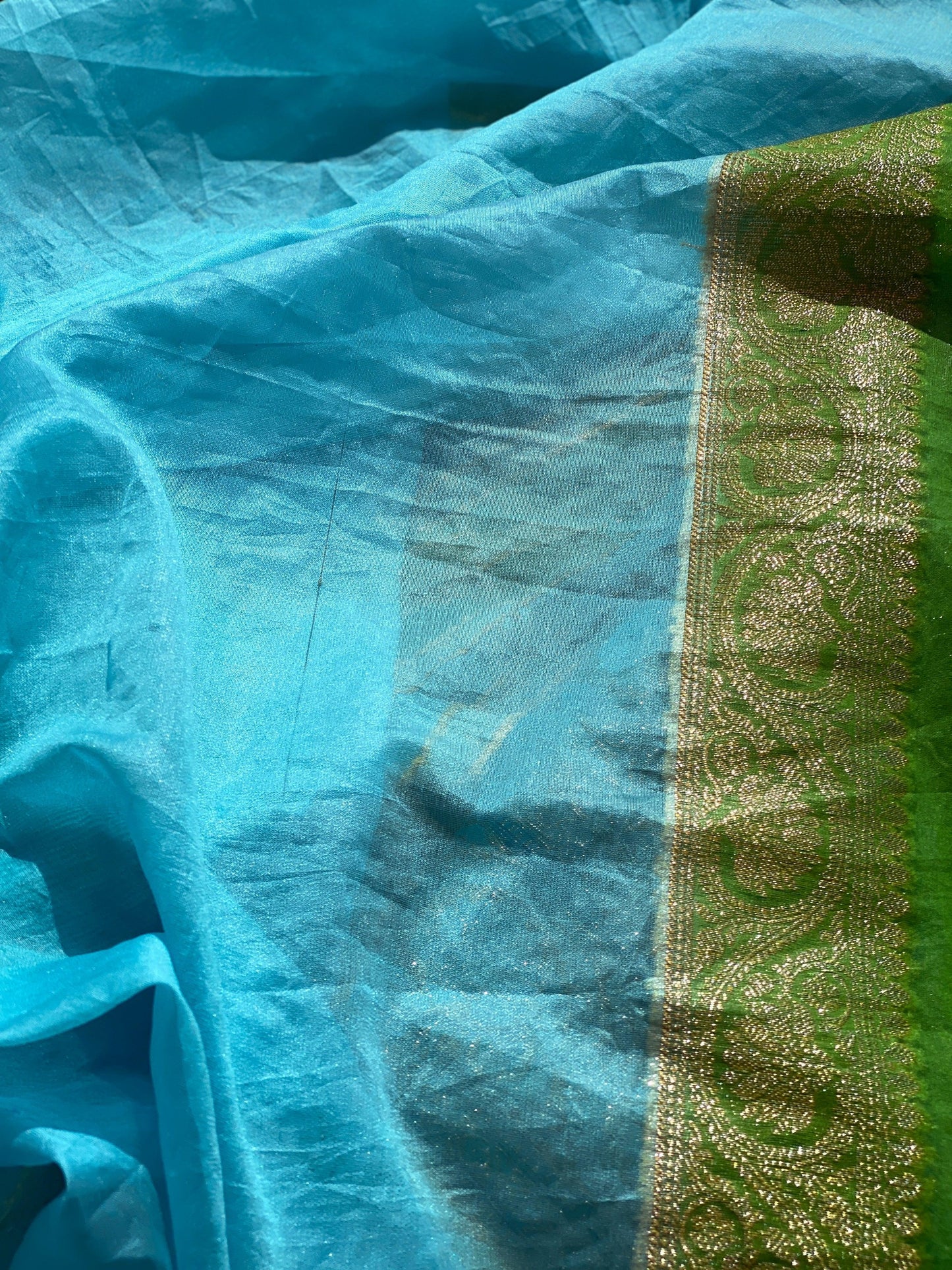 Green & Blue Pure Banarasi Khaddi Georgette Handloom Leheriya Saree by Shades Of Benares - banarasi - banarasi saree shop