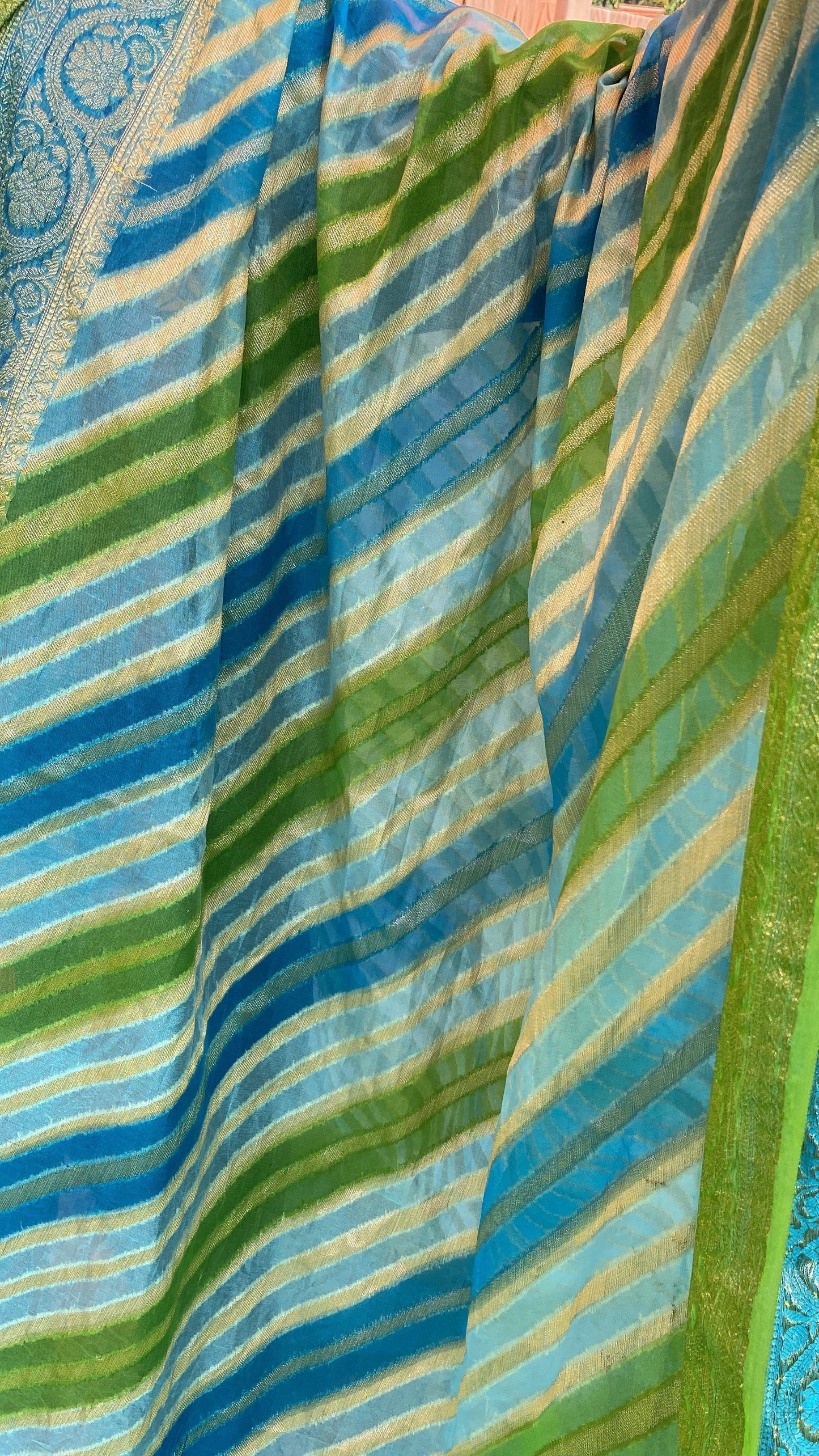 Green & Blue Pure Banarasi Khaddi Georgette Handloom Leheriya Saree by Shades Of Benares - banarasi - banarasi saree shop