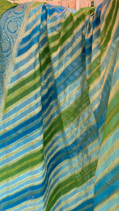 Green & Blue Pure Banarasi Khaddi Georgette Handloom Leheriya Saree by Shades Of Benares - banarasi - banarasi saree shop