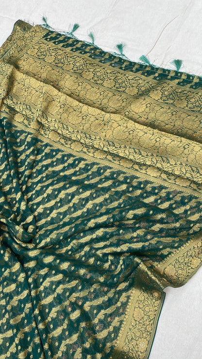 Green Handloom Pure Chiffon Banarasi Saree by Shades Of Benares - banarasi - banarasi saree shop